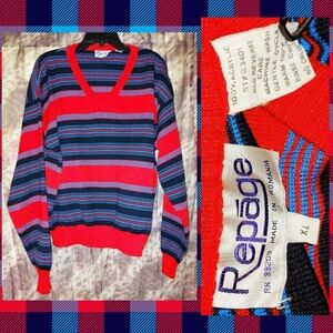 Repáge brand Red/Multicolor Striped V-Neck Soft Knit Sweater Sz XL Vintage